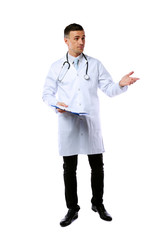 Portrait of a funny man doctor standing over white background