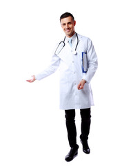 Happy male doctor presenting you something on white background