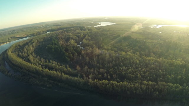 Beautiful panorama of  morning river and wood. Aerial