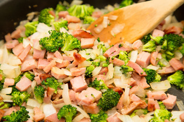 Pan of Chopped Onions Ham and Broccoli