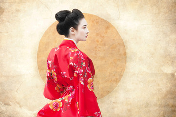 Vintage style portrait of a woman in red kimono - obrazy, fototapety, plakaty