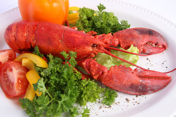 Cooked lobster with various vegetables on white plat