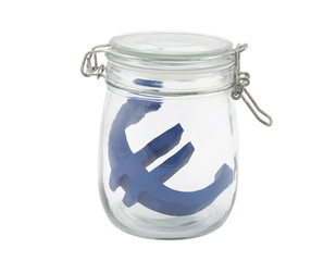 Blue euro symbol in a glass jar with clipping path