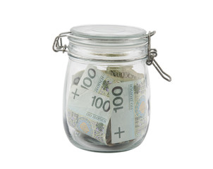 Polish money  in a glass jar with clipping path