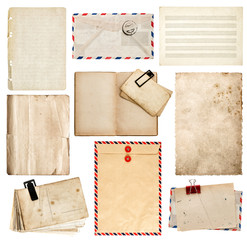 set of old paper sheets, book, envelope, card