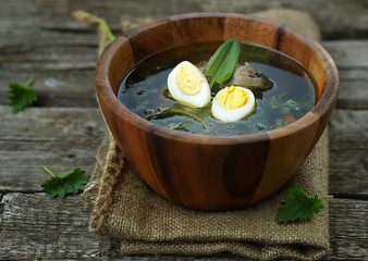 russian traditional nettle soup with eggs and sour cream