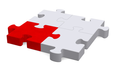 3d puzzle with one red piece, perspective view