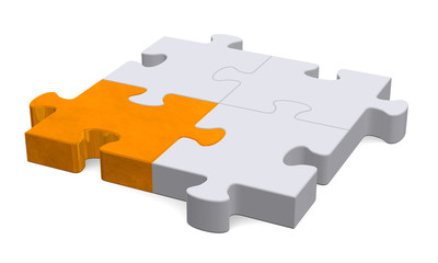3d puzzle with one orange piece, perspective view