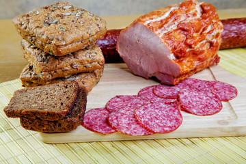 Still-life with bacon and bread slices