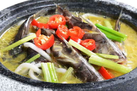 Chinese Food: Boiled fish in a stone pot