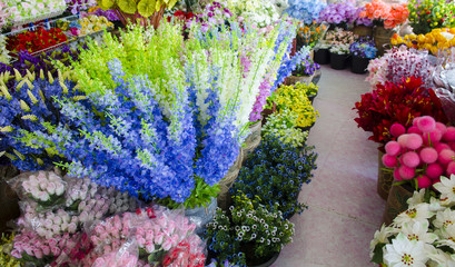 Colorful flowers in a flower shop on a market