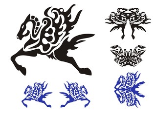 Horse symbols with a wing, a butterfly and fish