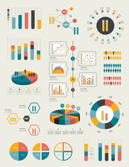 Flat infographic collection of charts and diagrams.