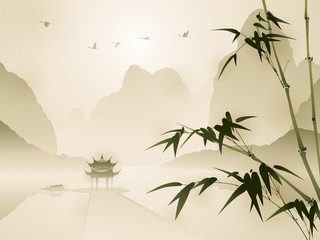 Fototapeta premium Oriental style painting, Bamboo in a beautiful scene