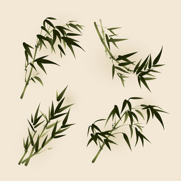 bamboo leaves, vectorized oriental style brush painting