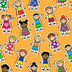 Seamless orange background with Cartoon children