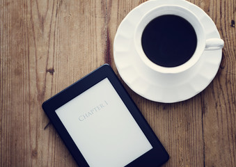 E-book reader and coffee