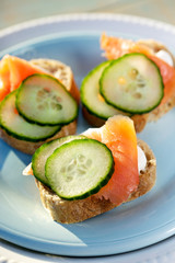 Canapes with smoked salmon, fresh cucumber  and creamy cheese
