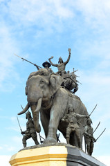 The elephant statue in the blue sky,Monument of King Naresuan at Suphanburi province in Thailand
