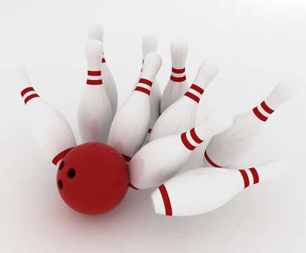 3d render of bowling ball crashing into pins