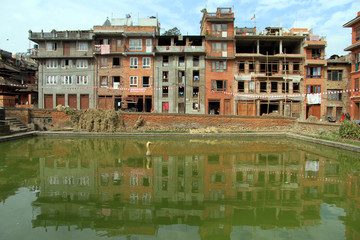 Green pond and houses