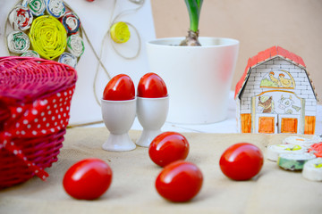 Easter eggs, basket, paper hen