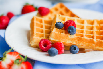 Belgian waffles with berries on rustic background