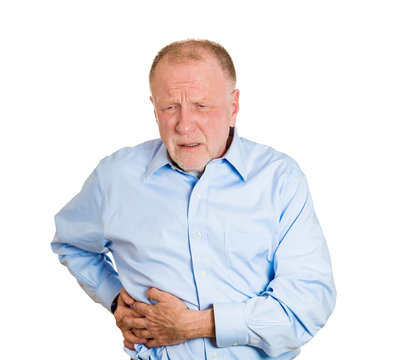 Senior, old man having right-sided abdominal pain