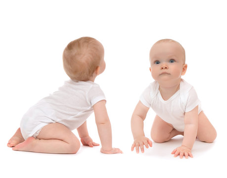 Two child baby toddlers sitting crawling happy