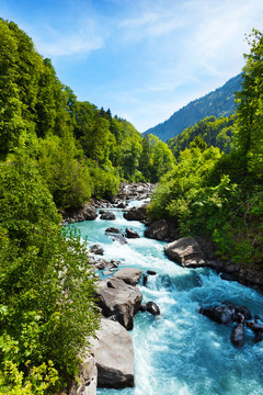 Fototapeta Żywy szwajcarski krajobraz z czystym strumieniem rzecznym