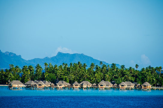Luxury overwater bungalows with view of South Pacific Ocean