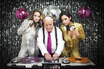 grandpa DJ and two beautiful gogo dancers - obrazy, fototapety, plakaty