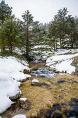 Snowy mountains with river in madrid.