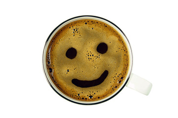 cup of coffee from the top with smile, isolated