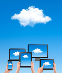 Cloud computing concept. Hand with blue sky and white cloud. Vec