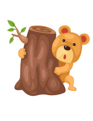 Cute bear hiding behind stump