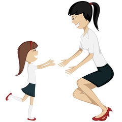 Hug Your Mom! Colorful cartoon-style brunette girl and mom.