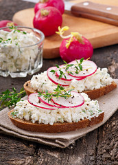 Sandwich with cottage cheese, radish, black pepper and thyme