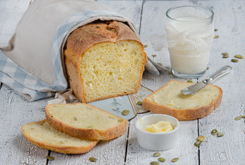 Homemade bread and glass of milk