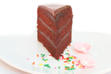 Chocolate cake with fudge sauce.