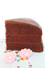 Chocolate cake with fudge sauce.