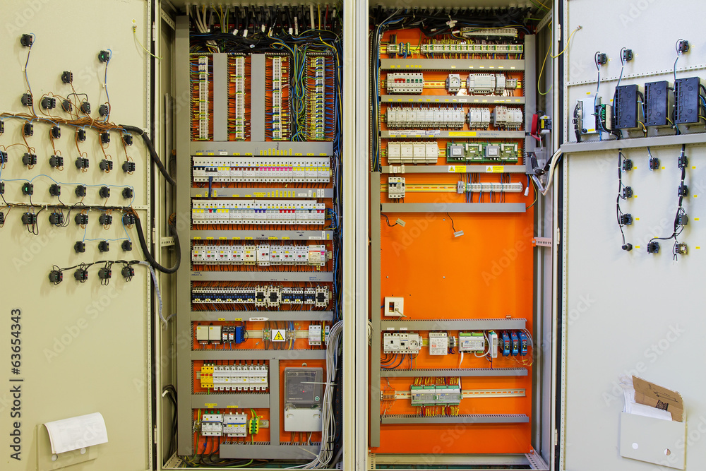 Poster electricity distribution box with wires and circuit breakers