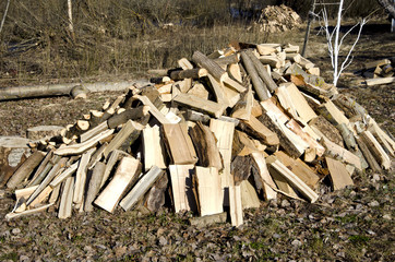 fresh firewood stack in farm garden