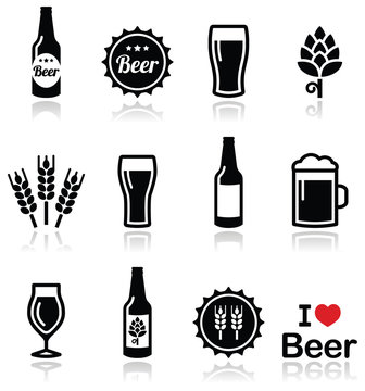 Beer vector icons set - bottle, glass, pint