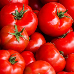 Group of fresh tomatoes background. Ripe red tomatoes on a marke