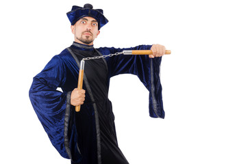 Martial arts master with nunchucks on white
