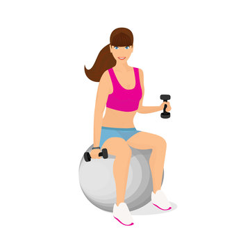 Beautiful woman exercising with two dumbbell weights sitting on