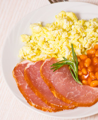 breakfast with eggs, beans and meat