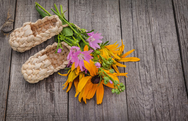 Summer still-life with bouquet of bast shoes and rudbeckia,  pin