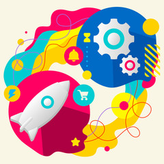Rocket and gears on abstract colorful splashes background with d